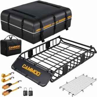 Car rooftop cargo carrier set with storage bag, roof rack, straps, locks, and net.