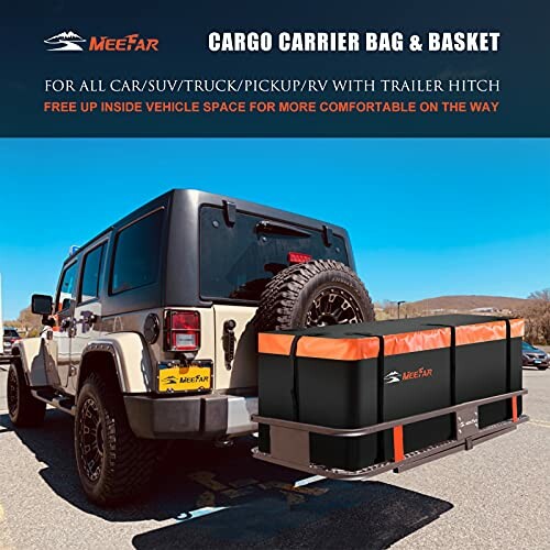 Jeep with cargo carrier bag and basket attached.