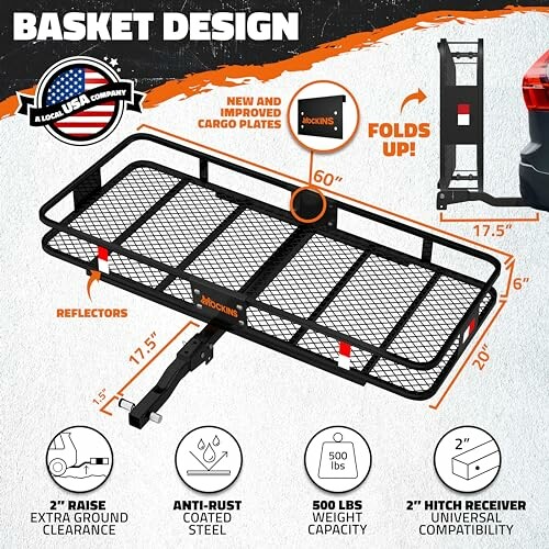 Foldable cargo carrier basket with reflectors and anti-rust steel, 500 lbs capacity.