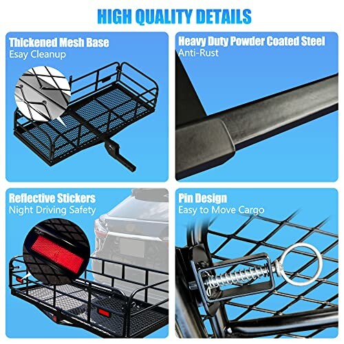 Collage of cargo carrier features: mesh base, powder-coated steel, reflective stickers, and pin design.
