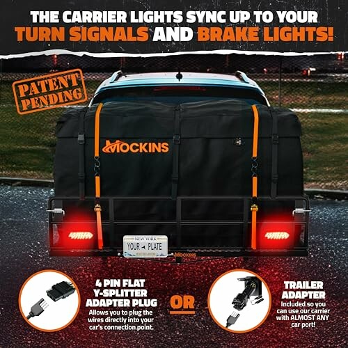 Vehicle with cargo carrier showing lights sync feature and adapter options.