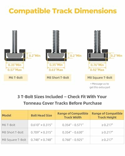 Chart showing compatible track dimensions for T-Bolt sizes M6, M8 Short, and M8 Square.