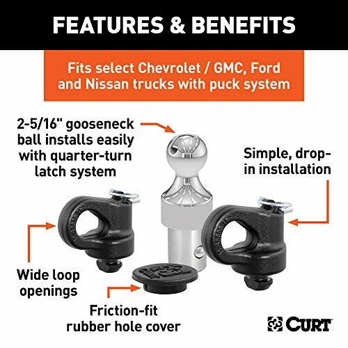 CURT gooseneck ball kit with features and benefits for truck installation.