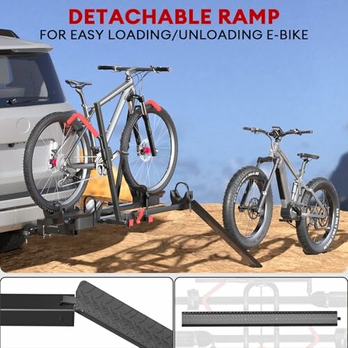 Detachable ramp for easy loading and unloading of e-bikes onto a vehicle.
