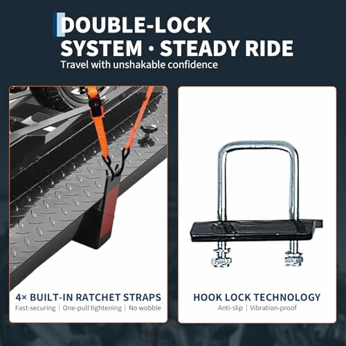 Double-lock system with ratchet straps and hook lock technology.