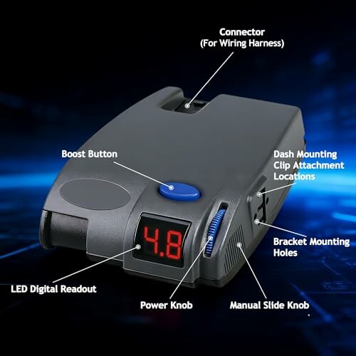 Electronic brake controller with labeled components including boost button and LED digital readout.