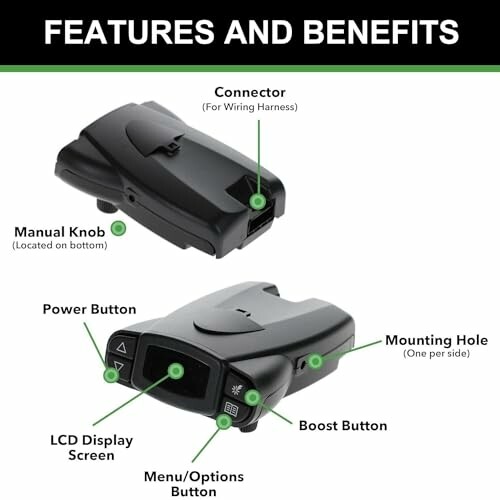 Electronic device with labeled features including connector, manual knob, power button, LCD display, menu button, mounting hole, and boost button.