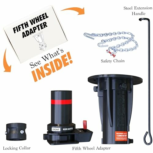 Fifth wheel adapter kit with locking collar, safety chain, and steel extension handle.