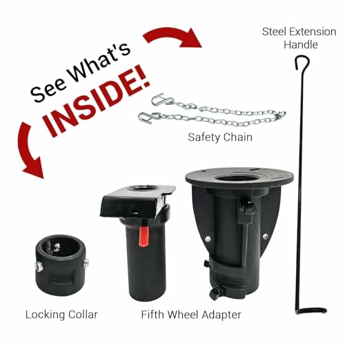 Fifth wheel adapter kit with locking collar, adapter, safety chain, and steel extension handle.
