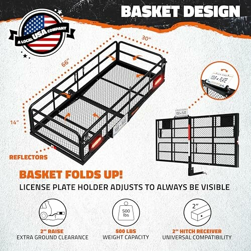 Foldable cargo basket with reflectors and license plate holder.