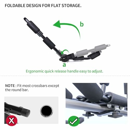 Foldable roof rack with ergonomic handle and crossbar compatibility note.