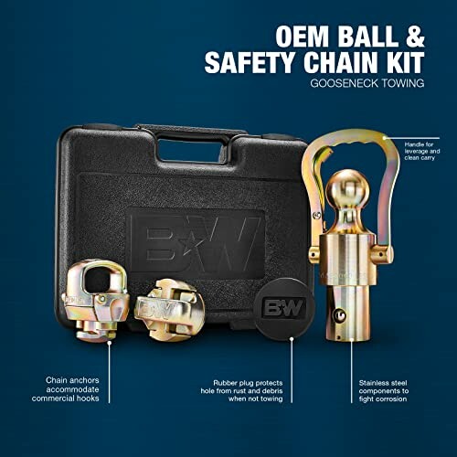 OEM ball and safety chain kit for gooseneck towing with case and components.