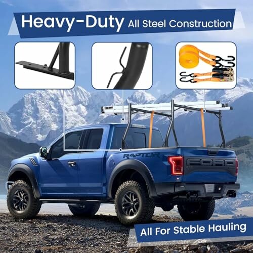 Blue truck with heavy-duty all steel construction rack for stable hauling.