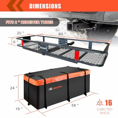 Hitch cargo carrier with dimensions and bag.