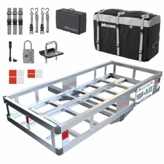 Hitch cargo carrier with accessories including bag, straps, and lock.