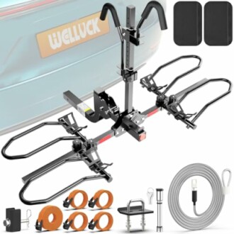 Hitch-mounted bike rack with accessories displayed.