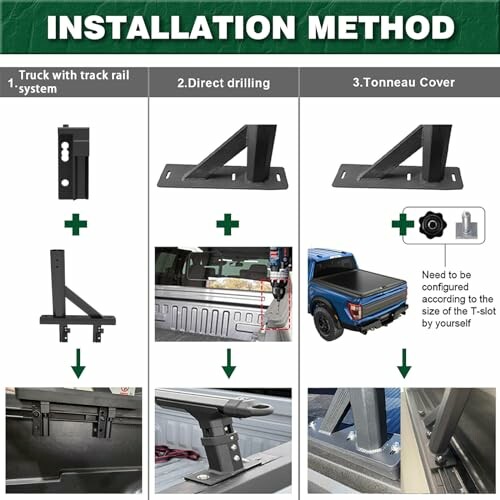 Installation method for truck with track rail, direct drilling, and tonneau cover.