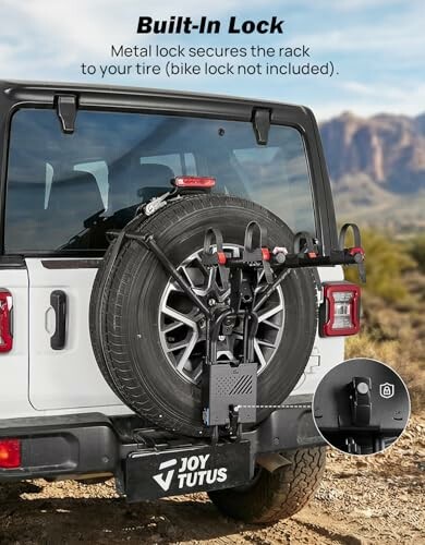 Bike rack attached to Jeep's spare tire with built-in lock.