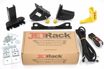Jet Rack ladder storage system components laid out, including brackets, screws, and packaging.