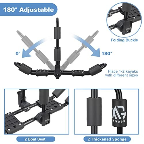 Adjustable kayak roof rack with folding buckle and boat seats.