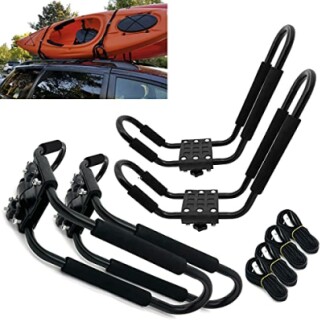 Kayak roof rack carrier for vehicles with straps and mounting hardware.