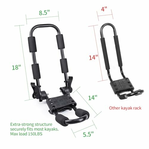 Kayak roof rack comparison showing dimensions and features.