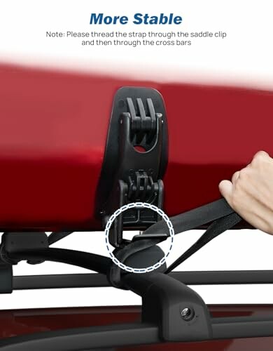 Kayak being secured on a roof rack with straps.