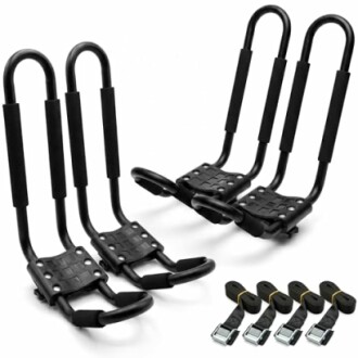 Set of black kayak roof racks with straps.