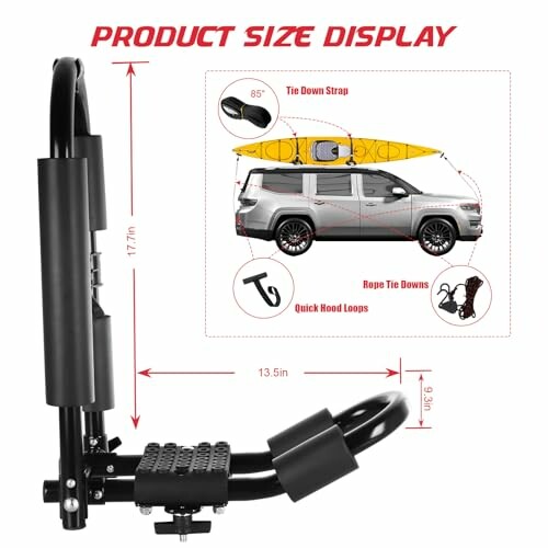 Diagram showing the size and features of a kayak roof rack on a vehicle.