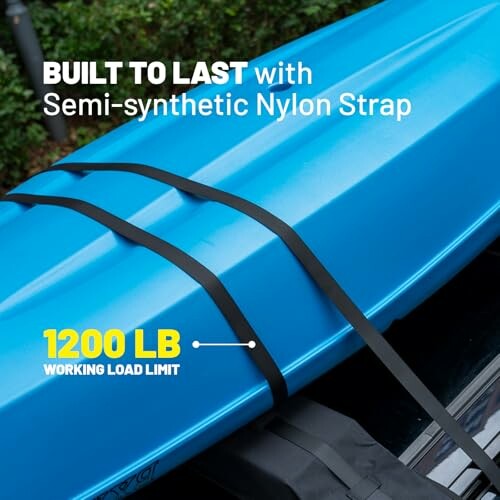 Blue kayak secured with semi-synthetic nylon strap, 1200 lb working load limit.