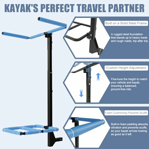 Kayak frame with solid steel construction, height adjustment, and foam cushioning.