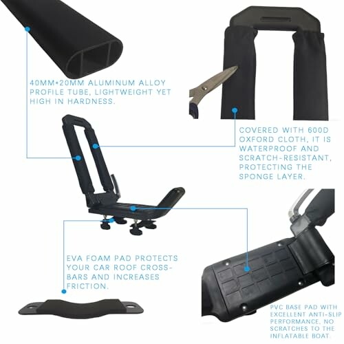 Kayak roof rack with aluminum tube, waterproof Oxford cloth, EVA foam pad, and PVC base pad.