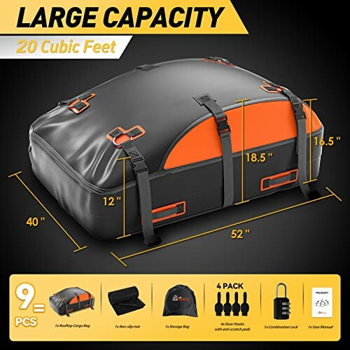 Large capacity 20 cubic feet rooftop cargo bag with straps and lock.