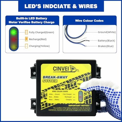 LED battery indicator wiring diagram with color codes and charge status.