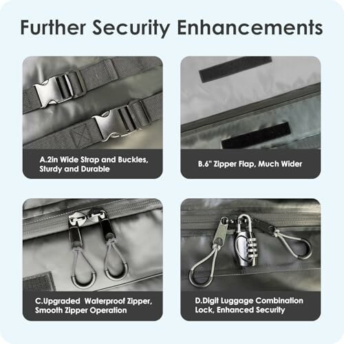 Security enhancements for luggage including straps, zippers, and locks.
