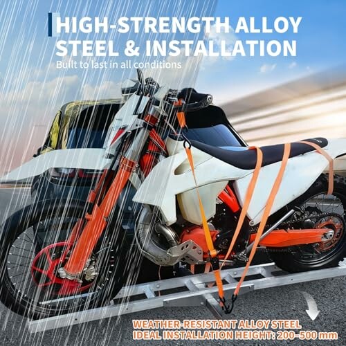 Motorcycle on an aluminum ramp with text highlighting high-strength alloy steel and installation.