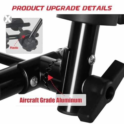 Close-up of music stand with aircraft grade aluminum and plastic parts.