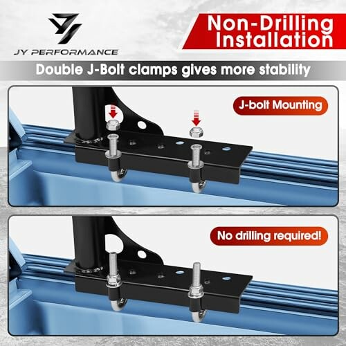 Diagram showing no-drilling installation with J-bolt clamps for stability.