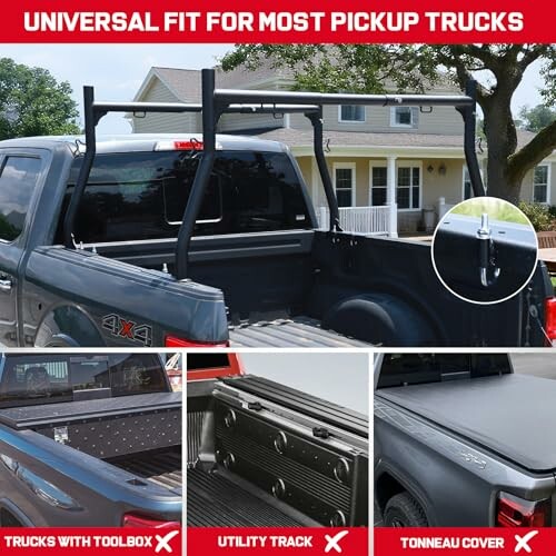 Pickup truck with universal rack, showing compatibility guidelines.