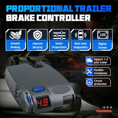 Proportional trailer brake controller with features like smooth braking and real-time diagnostics.