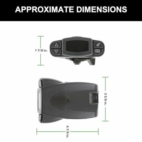 Radar detector with approximate dimensions labeled.