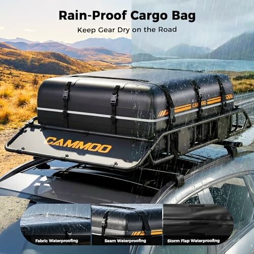 Rain-proof cargo bag on car roof with waterproof features.