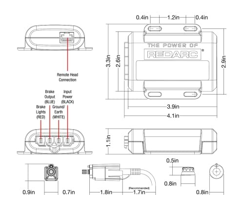 Technical diagram of a Redarc brake controller with measurements.