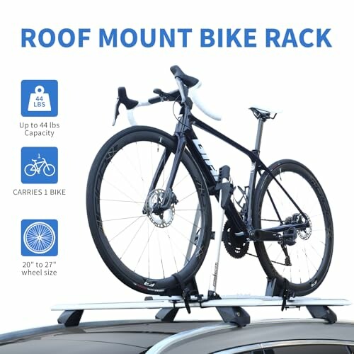 Roof mount bike rack with a bicycle attached on a car roof.