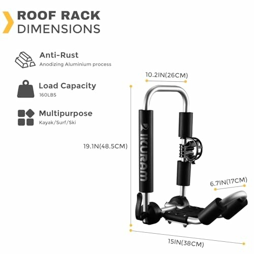 Roof rack dimensions and features, including anti-rust, 160lbs load capacity, multipurpose use.