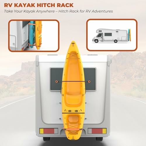 RV with a kayak hitch rack attached, showcasing a kayak mounted on the back.