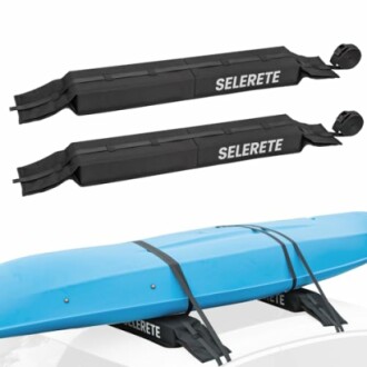 Soft roof rack with straps securing a blue kayak.