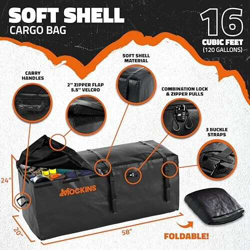 Soft shell cargo bag with features including carry handles, 2-inch zipper flap, soft shell material, combination lock, 3 buckle straps, and foldable design. Capacity of 16 cubic feet.