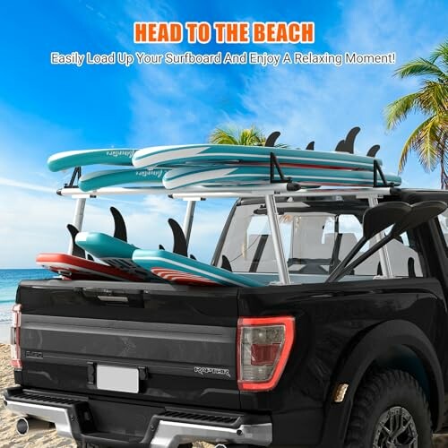 Truck with surfboards on rack at the beach.