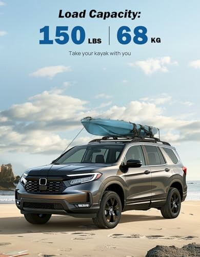 SUV on beach with kayak on roof, load capacity 150 lbs or 68 kg